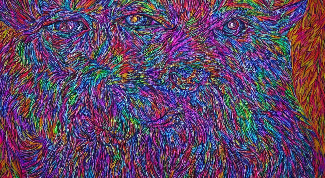 Prompt: an ultrafine detailed psychedelic painting of a werewolf made of beads and silver