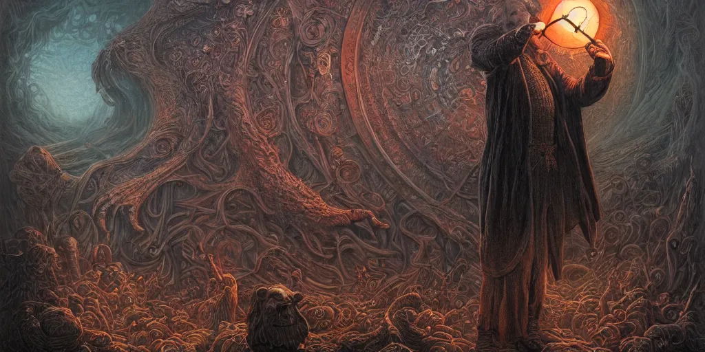 Image similar to highly detailed matte painting portrait of a dark wizard casting a spell by alex grey, patrick woodroffe, mark ryden created by gustave dore and greg rutkowski, high detailed, smooth draw, synthwave neon retro, intricate, realistic proportions, dramatic lighting, trending on artstation