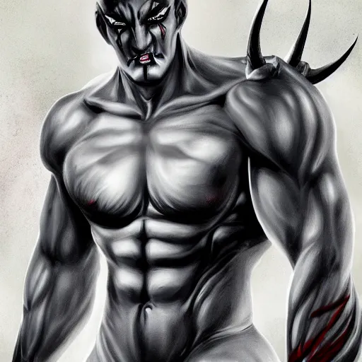 Image similar to muscular demon with white horns, white face, young, careless, focus on face, still, photograph, digital painting, trending on artstation, masterpiece, in the style of JB Casacop