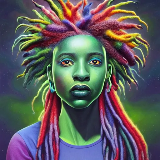 Image similar to a wide angle shot of a black girl with colorful dreadlocks in a field of candy, by Adi granov and afarin sajedi and amanda sage and evgeni gordiets and Agostino Arrivabene and adonna khare in a psychedelic portrait style, ultrarealistic matte painting, volumetric lighting, fractal, extremely symmetrical, highly detailed face, orisha, 8k, hd