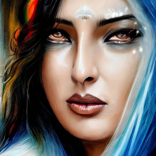 Image similar to India, magic, Beautiful face Portrait of crying young hindu Monica Bellucci, monstrous huge eyes, blue indygo thunder lightning, long wavy black hair, white veil, magic blue fire, closeup, focus face, dramatic lighting, intricate, India, wild, highly detailed, digital painting, artstation, concept art, smooth, sharp focus, illustration, art by artgerm and greg rutkowski and alphonse mucha, footage from space camera