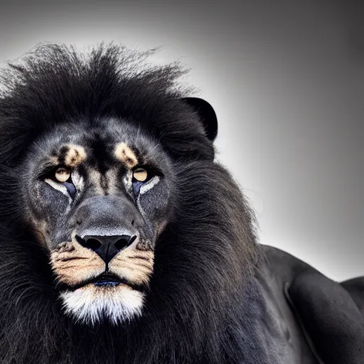 Prompt: professional photograph of a majestic black lion, high quality, highly detailed, award-winning, HD, 8K, awe-inspiring