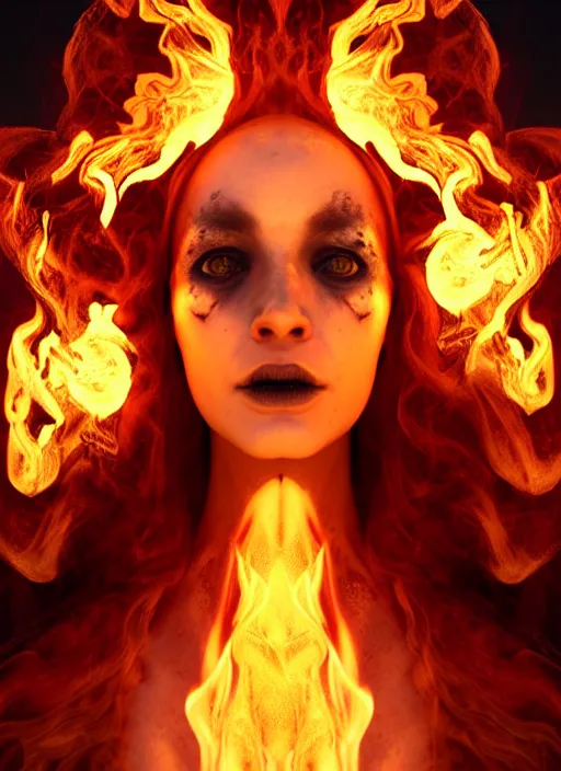 Prompt: hyperrealistic mixed media portrait of an evil female pyromancer, stunning 3d render inspired art by Lars Grant-West + perfect facial symmetry + dim volumetric lighting, ornate flowing robes, radiant fiery energy, swirling wispy smoke, 8k octane beautifully detailed render, post-processing, extremely hyperdetailed, intricate, epic composition, grim yet sparkling atmosphere, cinematic lighting + masterpiece, trending on artstation, Art Nouveau