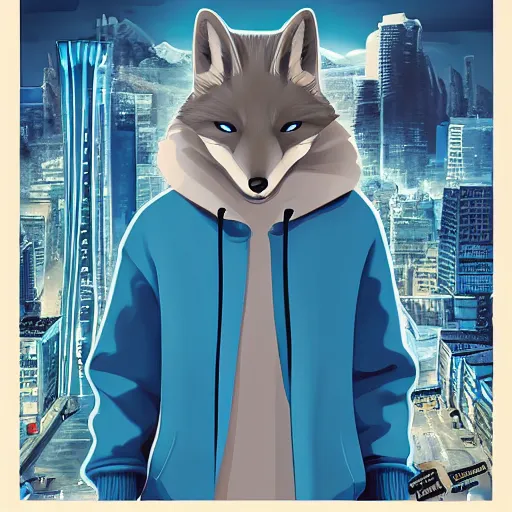 Image similar to modern adventure movie poster, featuring in anthropomorphic blue fox in a blue hoodie, artistic metro city background, promotional print media
