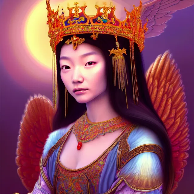 Image similar to beautiful 3 d render of an asian mongolian princess goddess with angelic wings in a sensual pose, princess wearing a crown with gemstones, near lake baikal, atmospheric lighting, painted, intricate, volumetric lighting, beautiful, rich deep colours masterpiece, sharp focus, ultra detailed, in the style of dan mumford and marc simonetti, astrophotography