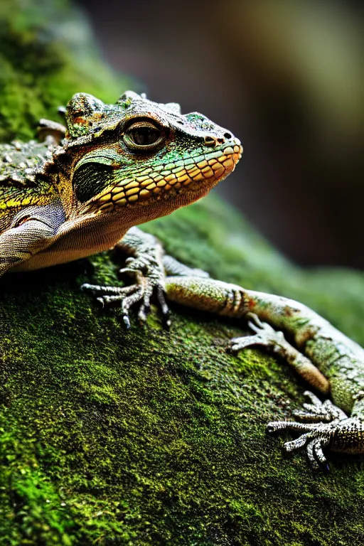 Image similar to a macro photo of a lizard on a moss covered rock, shiny scales, moss and vegetation, ancient forest, close - up, intricate details, intricately detailed textures, warm lighting, vivid colors, smoke and mist, hyper realistic octane render, volumetric shading, depth of field, raytracing, 8 k,