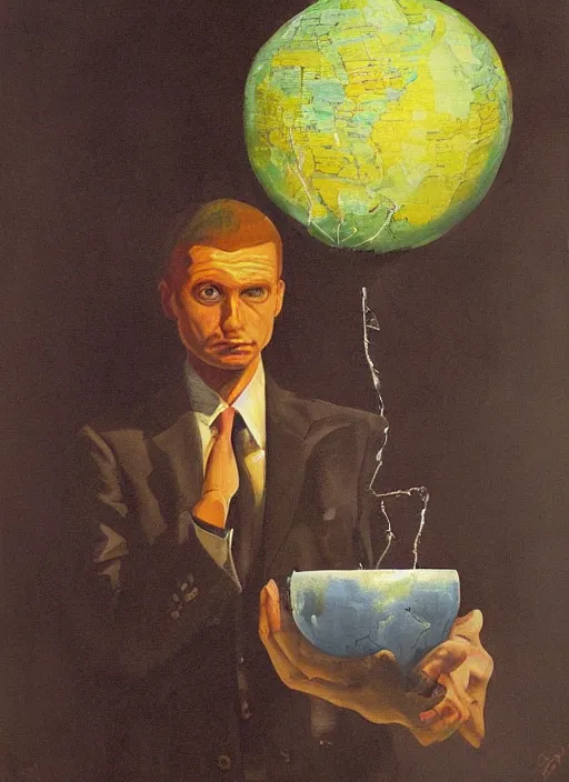 Image similar to a painting of a man holding a globe in his hands, a surrealist painting by Szymon Kot, deviantart, metaphysical painting, oil on canvas, surrealist, dystopian art,