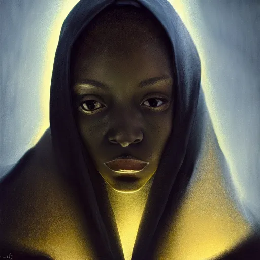 Image similar to a portrait of a young black woman wearing a long dark cloak, hood and shadows covering face, anatomically correct, beautiful perfect face, enigmatic, oil painting, matte painting, black background, Volumetric Golden dappled dynamic lighting, Highly Detailed, Cinematic Lighting, Unreal Engine, 8k, HD, by Beksinski