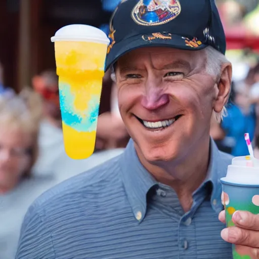 Prompt: a caricature of Joe Biden drinking a slushie at disney world