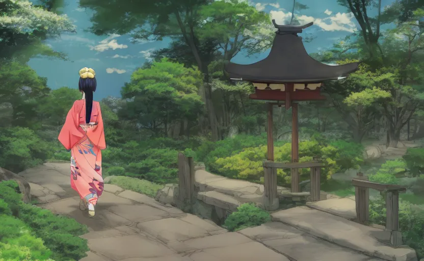 Image similar to An anime girl in a kimono, walking through a traditional Japanese garden, anime scenery by Makoto Shinkai, digital art