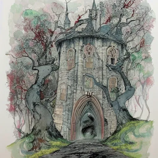 Prompt: james jean watercolor of a haunted castle in the woods, set an the end of a winding road