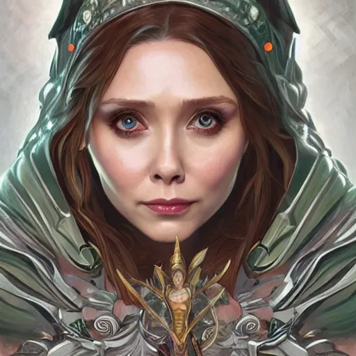 Image similar to Elizabeth Olsen as a elf archer, cute, fantasy, intricate, elegant, highly detailed, centered, digital painting, artstation, concept art, smooth, sharp focus, illustration, art by artgerm and H R Giger and alphonse mucha