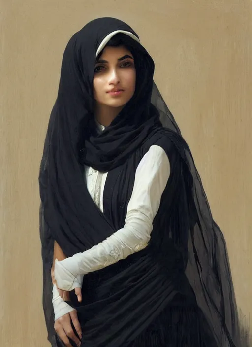 Image similar to arab modern tanned Ameera al-Taweel, blue eyes, wavy black hair, white veil, intricate, elegant, highly detailed, artstation, concept art, sharp focus, ruan jia, jurgens, orientalism, bouguereau