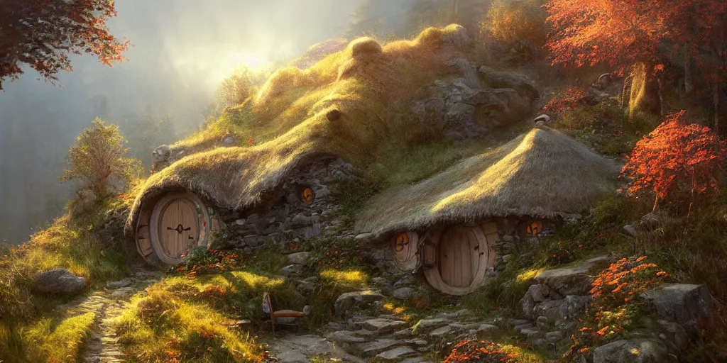 Prompt: a hobbit cottage on top of a steep hill, greg rutkowski, zabrocki, moebius, karlkka, jayison devadas, highly detailed, photorealism, autumn sunlights, smoky atmosphere, ( ray of sunlight ), trending on artstation, 8 k, ultra wide angle, zenith view, pincushion lens effect