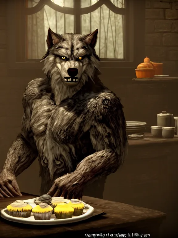 Prompt: cute handsome cuddly burly surly relaxed calm timid werewolf from van helsing sitting down at the breakfast table in the kitchen of a normal suburban home staring longingly at a delicious cupcake with orange frosting unreal engine hyperreallistic render 8k character concept art masterpiece screenshot from the video game the Elder Scrolls V: Skyrim