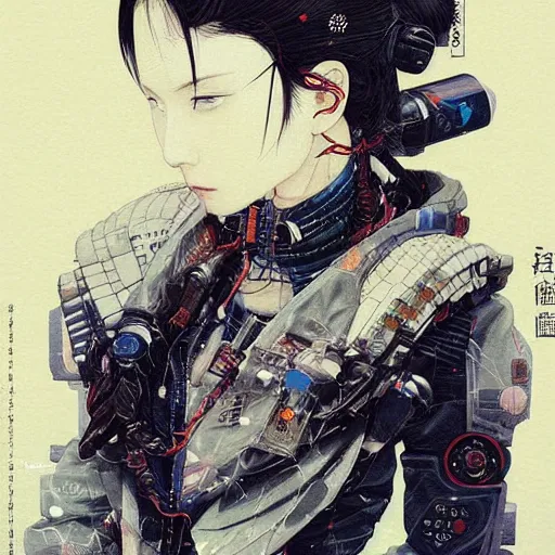 Image similar to a beautiful ukiyo painting of cyberpunk woman, wearing space techwear, detailed symmetrical close up portrait, intricate complexity, by takato yamamoto, wlop, krenz cushart. cinematic dramatic atmosphere, sharp focus