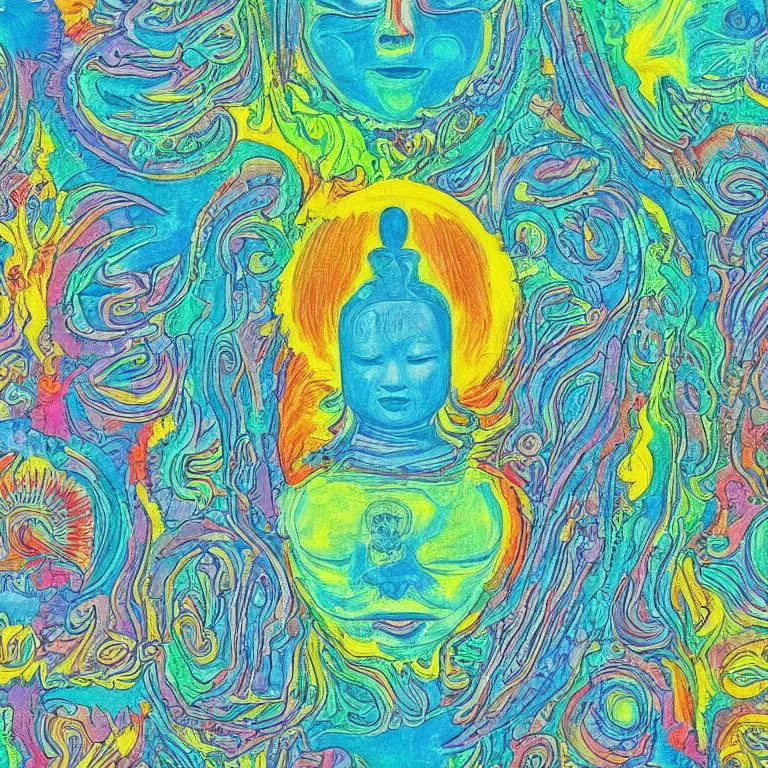 Prompt: human smiling meditating supreme peace immense knowledge infinite color dmt art cyan green pair of eyes staring striking