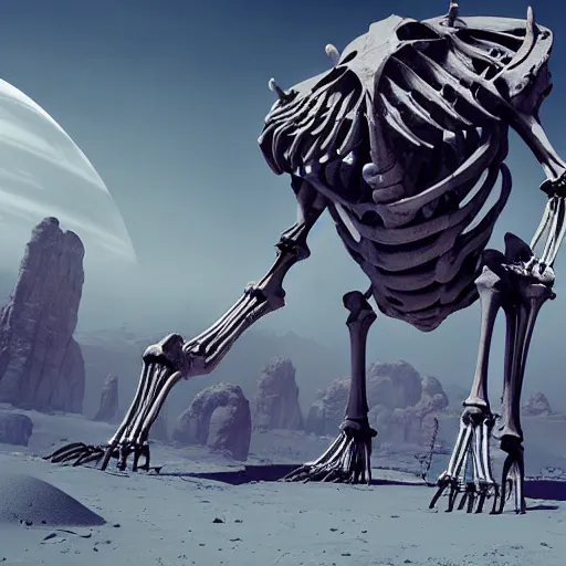 Prompt: the skeleton of a colossal creature on a deserted planet, illustration, epic, sci - fi, hyper detailed, smooth, unreal engine 5, sharp focus, ray tracing