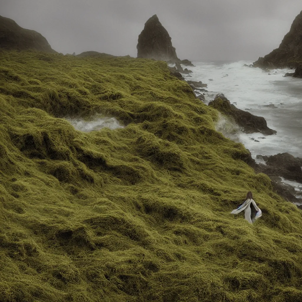 Prompt: dark and moody 1 9 7 0's artistic spaghetti western film in color, a woman in a giant billowing wide long flowing waving green dress, standing inside a green mossy irish rocky scenic landscape, crashing waves and sea foam, volumetric lighting, backlit, moody, atmospheric, fog, extremely windy, soft focus