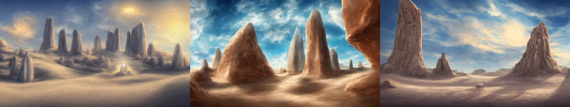 Prompt: Landscape, desert of white sand, monoliths. A temple. Lighting. Blue sky. Fantasy, digital painting, HD, 4k, detailed.