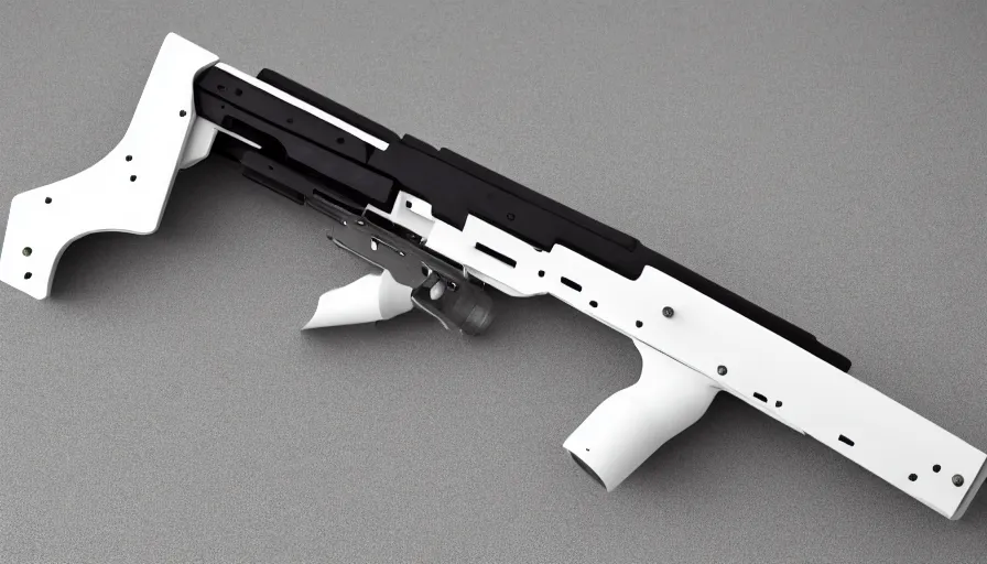 Image similar to extremely detailed ultra realistic photographic side view ultra minimalist coilgun rifle, detailed trigger, chemically propelled, electric, smooth streamline, elegant sleek smooth body, white paint, battery and wires, railgun, chemrail, gauss, smooth utopian design, ultra high quality, octane, cod, destiny, warframe, terminator