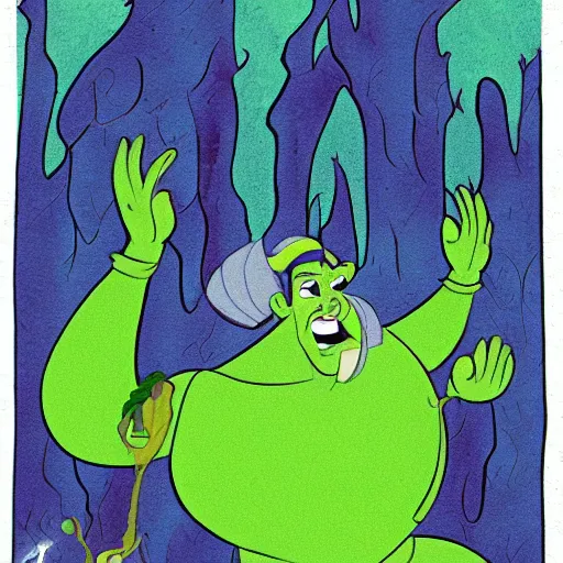 Prompt: the genie from Aladdin but green and surrounded by forest, fantasy illustration