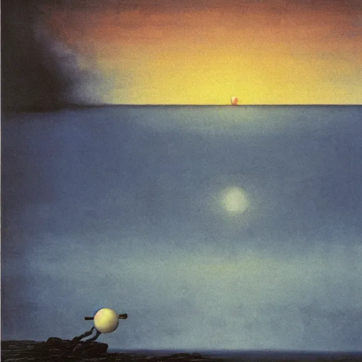 Prompt: the first blue color getting out of the primordial ocean to walk on land. sunset through the clouds. codex seraphinianus. painting by yves tanguy, caspar david friedrich, moebius, walton ford, rene magritte