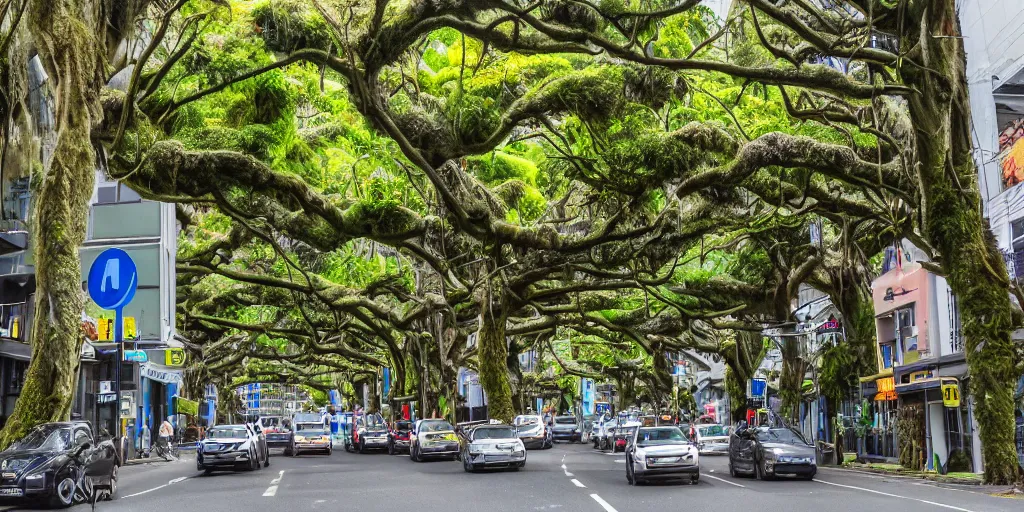 Image similar to a city street in wellington, new zealand but the buildings are interspersed with enormous ancient rimu trees full of epiphytes with birds perching amongst the leaves.