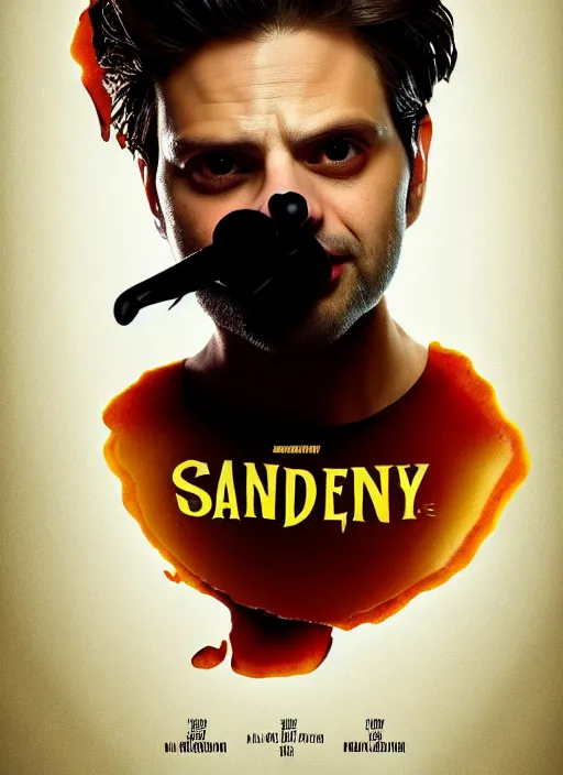 Image similar to highly detailed comedy caper movie poster with flan pudding faced sebastian stan as a sentient flan pudding, sebastian stan face made from flan pudding by greg rutkowski, masterpiece, 1 0 / 1 0