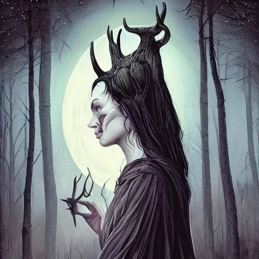 Image similar to an epic horrific wiccan gothic painting of a mother - nature witch cult woman wearing a deer skull, in a moonlit forest by gerald brom by junji ito by vanessa lemen by charlie bowater