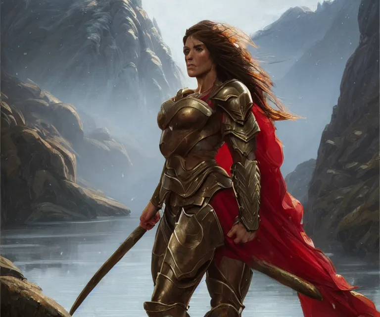Image similar to epic portrait cinematic shot an spartan woman wearing bronze armor and a red cape, wet flowing brown hair, shiny skin, muscular, mountain backround, fine details. night setting. realistic shaded lighting poster by craig mullism, artgerm, jeremy lipkin and michael garmash, unreal engine, radiant light, detailed and intricate environment, digital art, trending on art station,