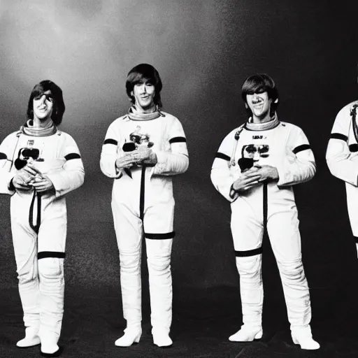 Image similar to the beatles as astronauts, black and white photo, high quality, epic, cinematic, heroes