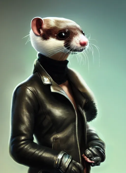 Prompt: cyberpunk anthropomorphic sable masked ferret, detailed fur, wearing leather jacket, medium shot portrait by WLOP, digital painting, dynamic lighting, trending on ArtStation