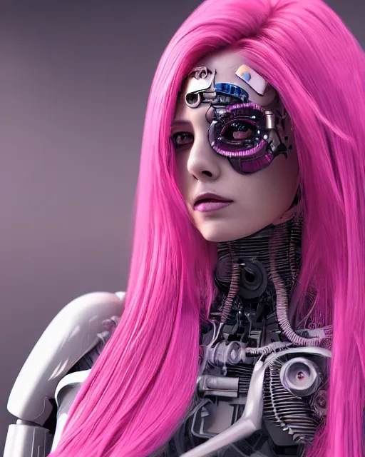 Prompt: portrait of a beautiful mexican woman with pink hair as a cyberpunk cyborg half robot, revealing wires and electronics, sci - fi, missing panels, intricate abstract upper body intricate artwork, concept art, octane render, deviantart, cinematic, key art, hyperrealism, iridescent accents, portrait photograph, nikon 3 5 mm, photograph by greg rutkowski