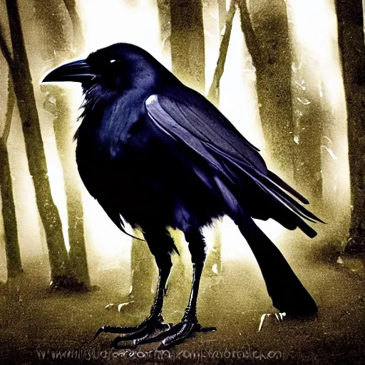 Prompt: crowman, mixture of a crow and human, werecrow, photograph captured in a dark forest
