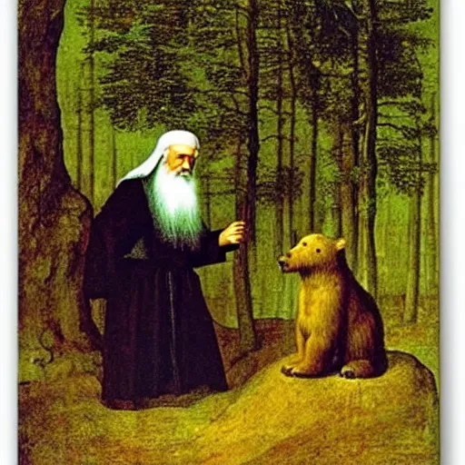 Image similar to St. Seraphim of Sarov talking to a bear in the woods by Leonardo Da Vinci