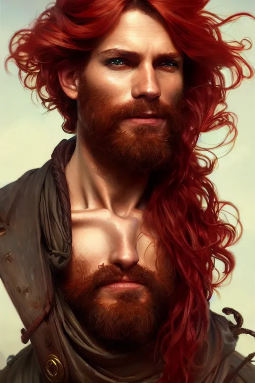 Prompt: portrait of a young ruggedly handsome but joyful pirate, male, masculine, full body, red hair, long hair, fantasy, intricate, elegant, highly detailed, digital painting, artstation, concept art, matte, sharp focus, illustration, art by artgerm and greg rutkowski and alphonse mucha