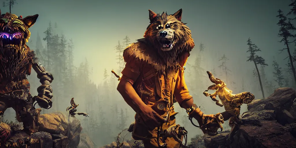 Image similar to woodsman wearing a steampunk and neonpunk mechanical fluorescent mystical animal mask in strange misty rocky landscape fight with werewolf, night, realism in style of fornite game, 4 k, octane render, award winning photograph, epic cinematic shot, perfectly defined features, ambient occlusion