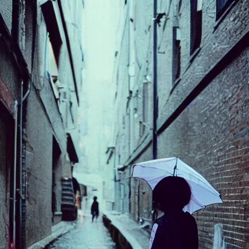 Image similar to 1990s perfect 8K HD professional cinematic photo of close-up japanese schoolgirl posing in sci-fi dystopian alleyway at morning during rain, at instagram, Behance, Adobe Lightroom, with instagram filters, depth of field, taken with polaroid kodak portra