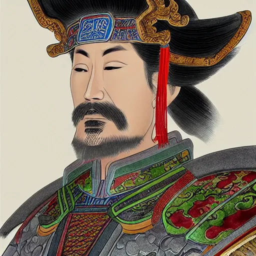 Image similar to dynamic composition, motion, ultra-detailed, incredibly detailed, a lot of details, amazing fine details and brush strokes, colorful and grayish palette, smooth, HD semirealistic anime CG concept art digital painting, watercolor oil painting of a Tang Ming dynasty chinese tao fantasy general wearing armor, from Three Kingdoms, by a Chinese artist at ArtStation, by Huang Guangjian, Fenghua Zhong, Ruan Jia, Xin Jin and Wei Chang. Realistic artwork of a Chinese videogame, gradients, gentle an harmonic grayish colors.