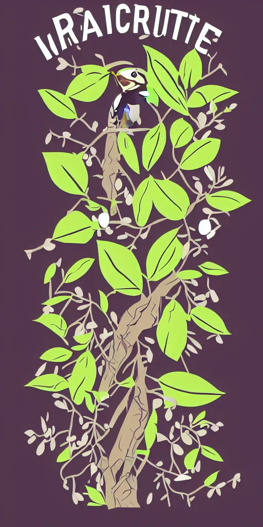 Prompt: shirt design, vector style, a warbler tweeting in a forest of prunes, fresh modern look, made with photoshop,