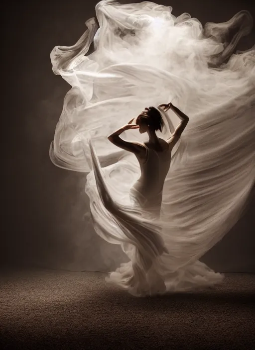 Image similar to a Photorealistic dramatic hyperrealistic render of a glamorous beautiful Female smoke dancer by Ken Brower and Deborah Ory of NYC Dance project,Lois Greenfield,Flowing cloth and smoke,Beautiful dynamic dramatic dark moody lighting,volumetric,shadows,cinematic atmosphere,Octane render,8K