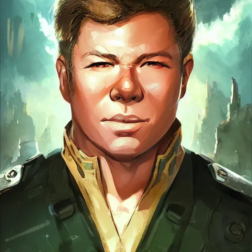 Image similar to An anime portrait of a young William Shatner in tactical gear, by Stanley Artgerm Lau, WLOP, Rossdraws, James Jean, Andrei Riabovitchev, Marc Simonetti, and Sakimichan, tranding on artstation