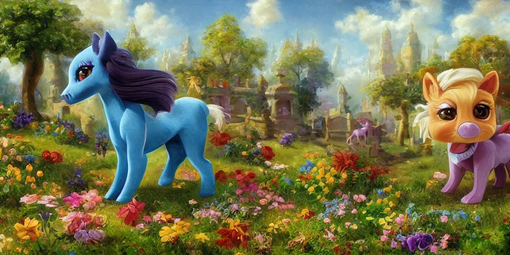 Image similar to 3 d littlest pet shop horse, spooky, graves, stars, crypt, flowers, storm, blues, greens, teals, master painter and art style of noel coypel, art of emile eisman - semenowsky, art of edouard bisson