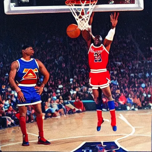 Image similar to michael Jordan as superman dunking a basketball