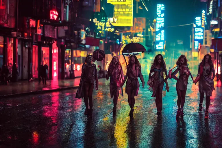 Image similar to a cinematic photograph of a group of angels walk through a dystopian city street whilst neon lightening strikes on the pavement, rain falls, ultra realistic, high definition