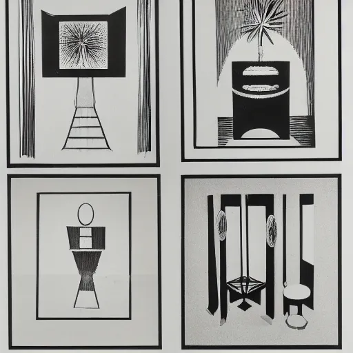 Image similar to A black and white offset lithography of an exhibition space with works of Sun Ra, Marcel Duchamp and tropical plants, 60s, Modern Art