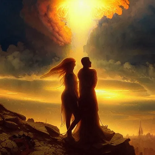 Image similar to a young couple watching a nuclear explosion, romantic, mushroom cloud, uplifting, happy, apocalytic detailed digital matte painting by artgerm, greg rutkowski and alphonse mucha