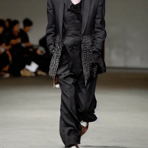 Prompt: Spike Spiegel on the runway modeling avant-garde Yohji Yamamoto clothes