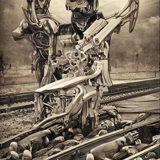 Image similar to human clones loaded onto a boxcar, biomechanical railroad, highly detailed, War Photography, Pushead art, by H.R. Giger